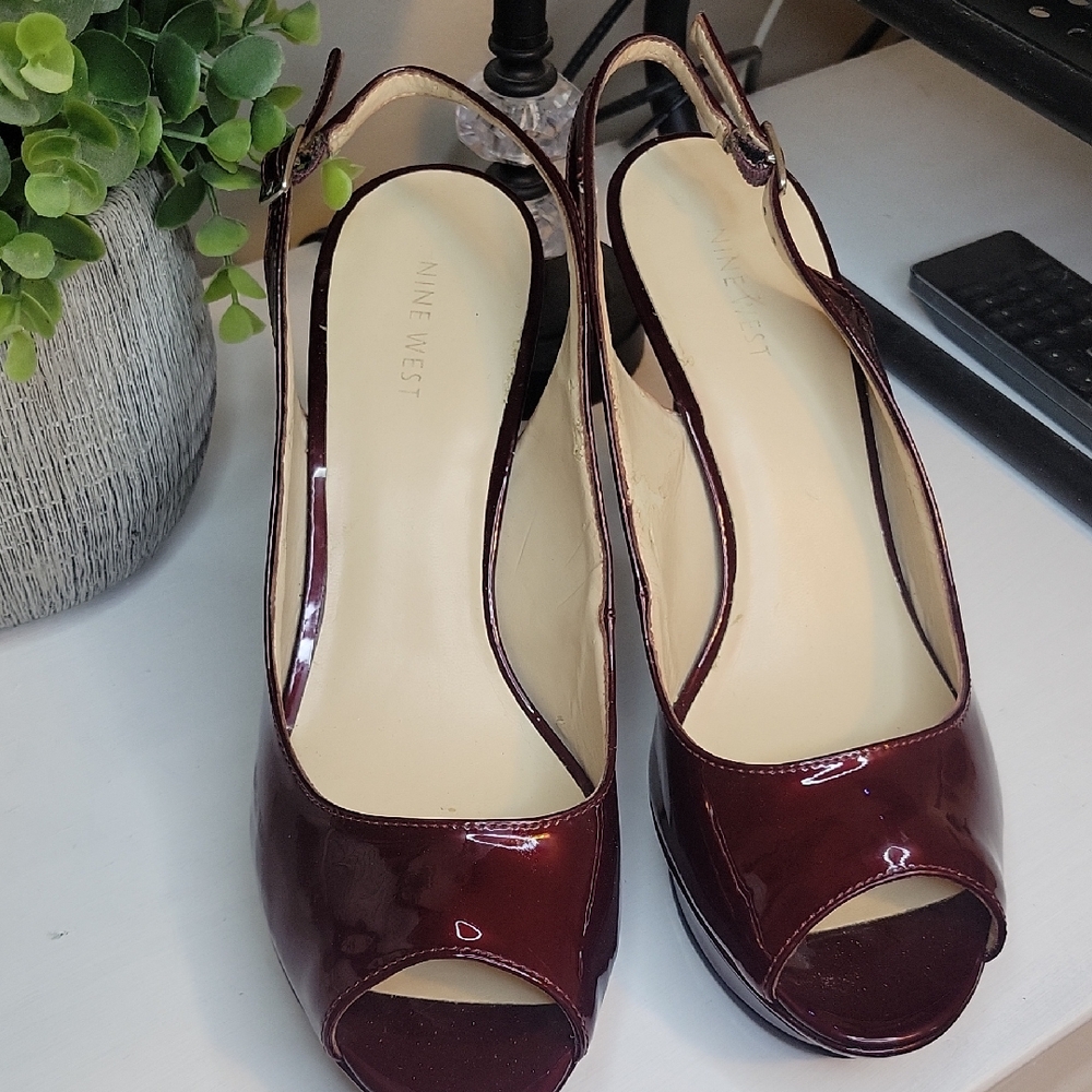 Nine West Burgundy Peep Toe Slingback Heels 10M